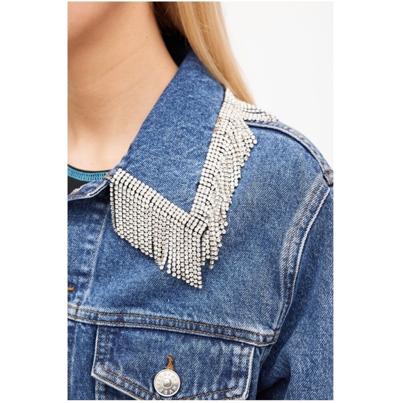 SANDRO Crystal Rhinestone Fringe Collar‎ Oversized Denim Trucker Jean Jacket M - Picture 11 of 15